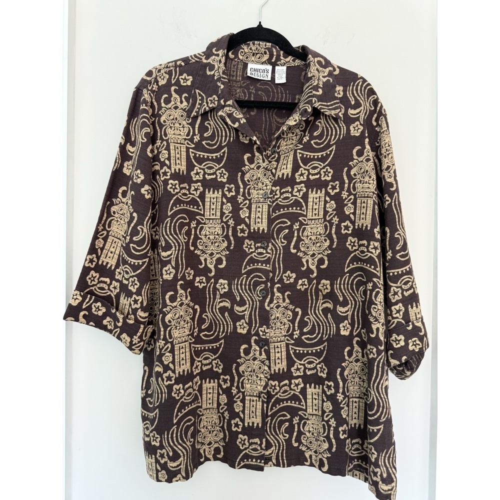 Chicos Womens Shirt Shaket Size XL Linen Blend Button Up Brown Tribal Resort